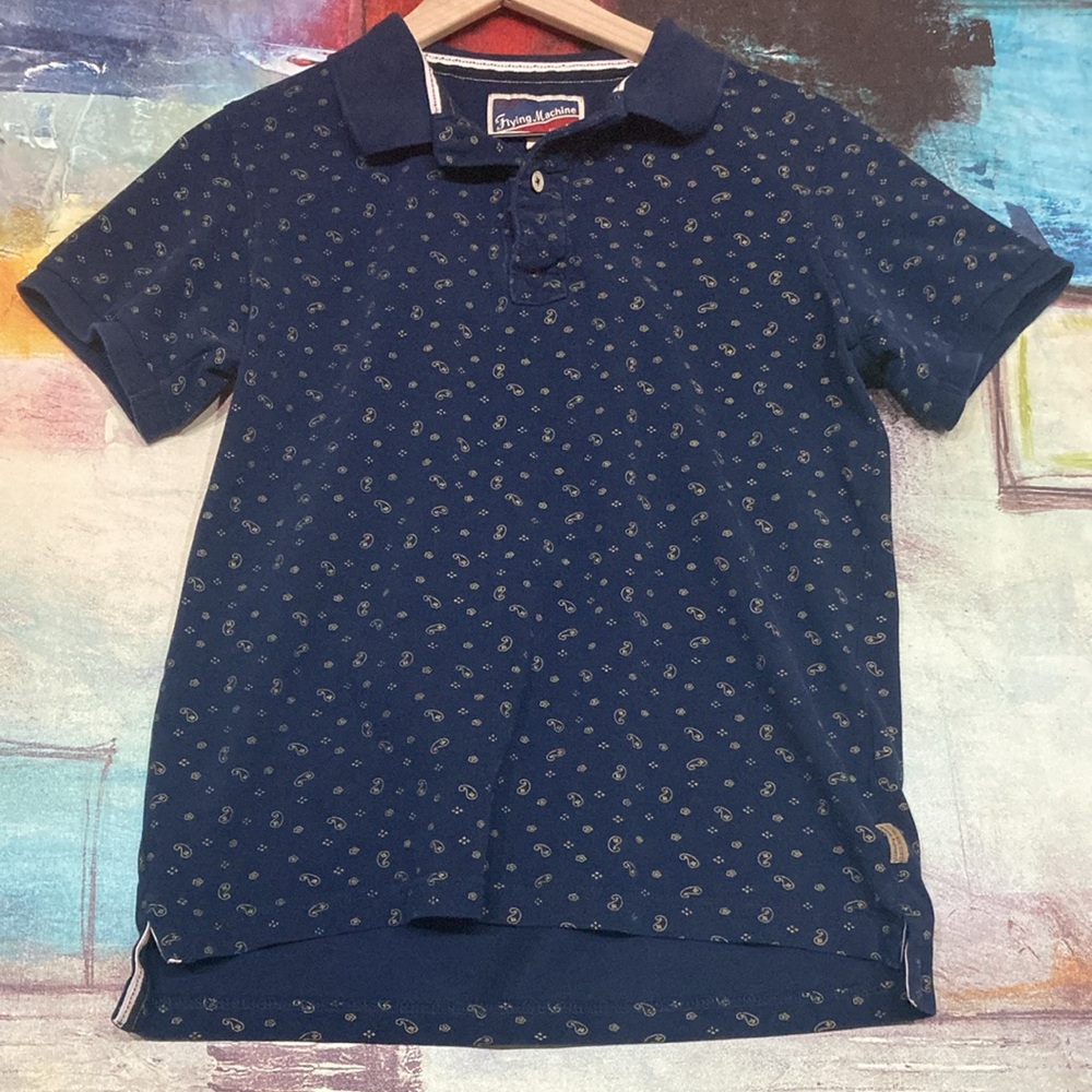 Vintage Washed Cotton Abstract Print Polo T-Shirt Navy Blue Yellow Men’s Size S